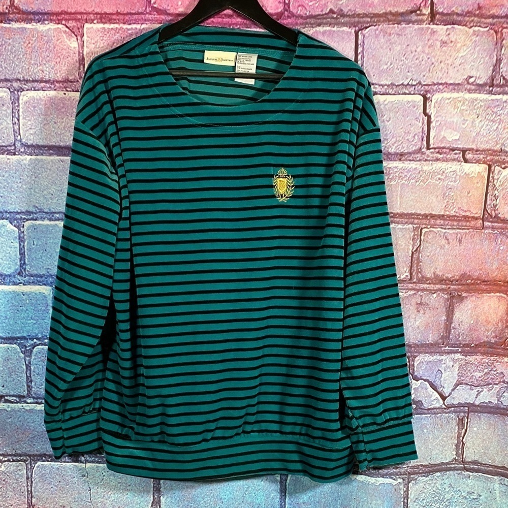 Jaclyn Smith XL Green Black Striped Long Sleeve Pullover Embroidered Crest Top